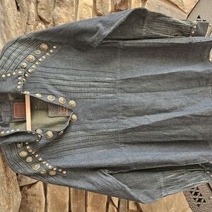 American Darling Blue and Gold Embellished Long Sleeve Blouse